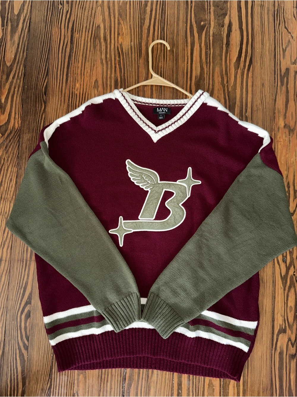 Oversized V-Neck Sweater Jacket in Burgundy and Olive by BOHOO MAN.